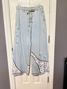 POL Light Blue Denim Wide Leg Jeans with Floral Trim
